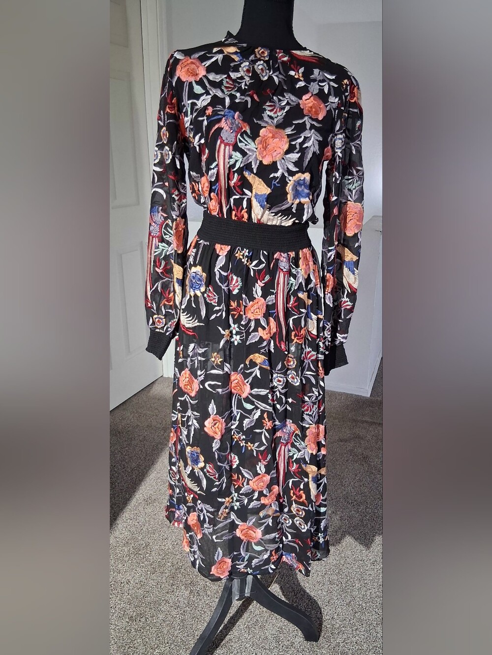 Zara Black Floral Midi Dress with Orange and Blue Accents - Picture 1 of 16